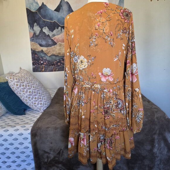 Free People Cherry Blossom Mini Dress Topaz Mustard Floral Oversized Flowy Small - Picture 7 of 16